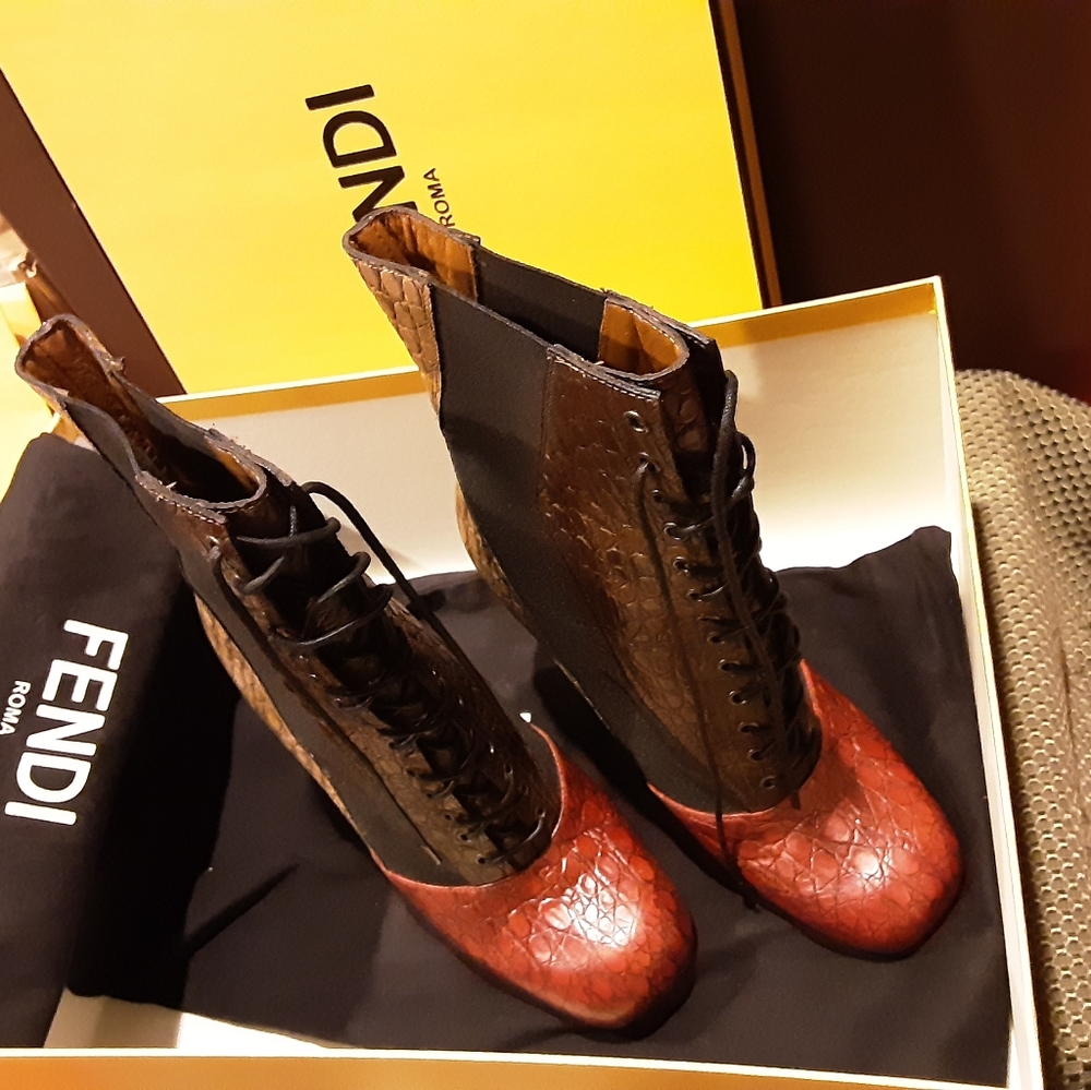 FENDI Multi-Colored Leather High Heel Boots,EU 37.